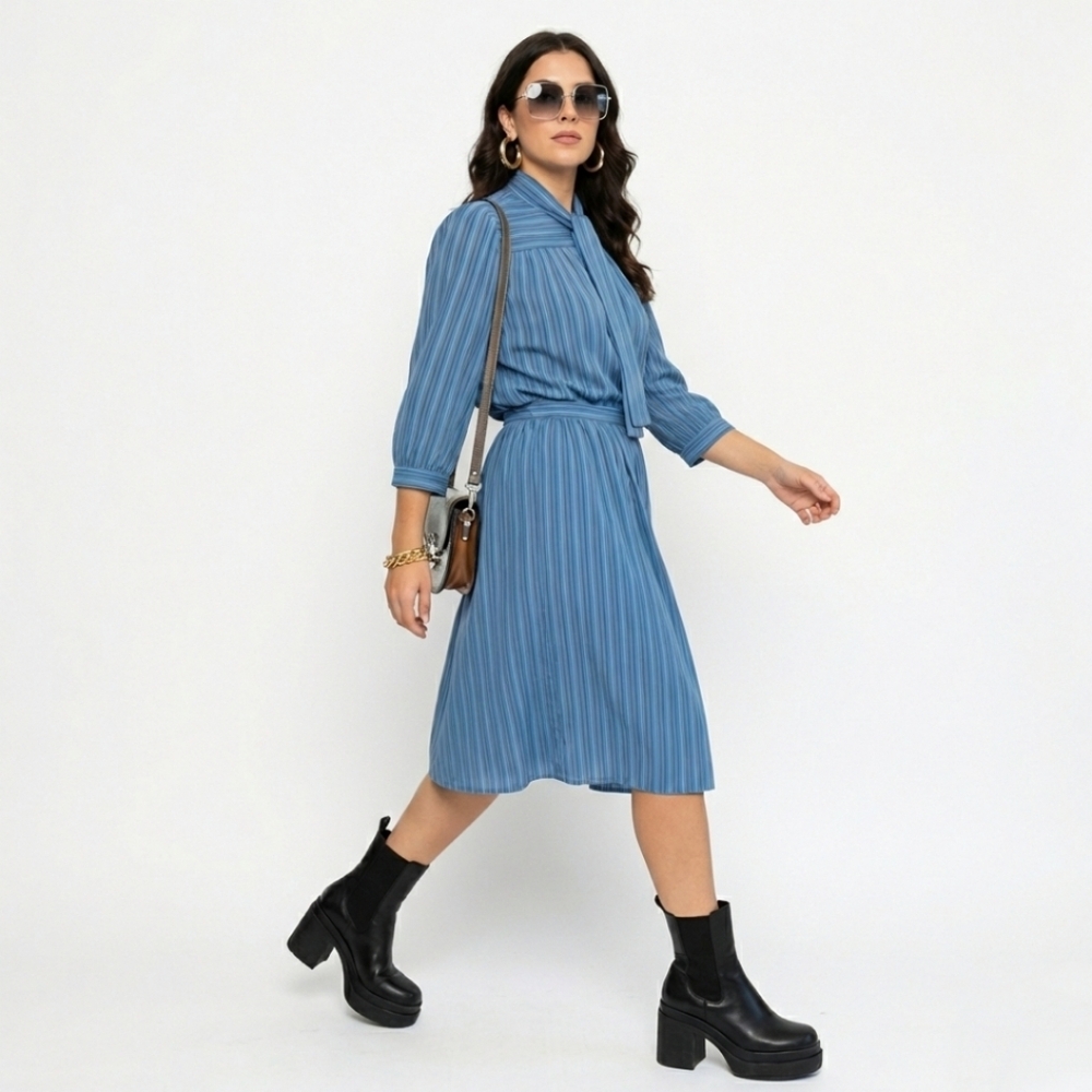 Vintage Secretary Style Stripe Set: Button Down Top Neck Bow A-line Skirt